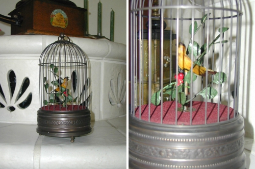 Singvogelautomat, antikes Finish, mit einem singenden Vogel im Käfig