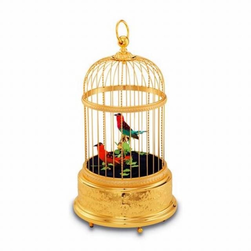 "Volière de la Cour", Reuge Singvogelautomat, vergoldet, mit 2 singenden Vögeln im Käfig